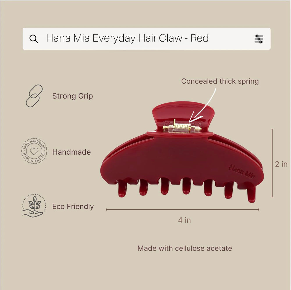 Hana Mia red claw clip 4inch strong hold for thick or thin hair.