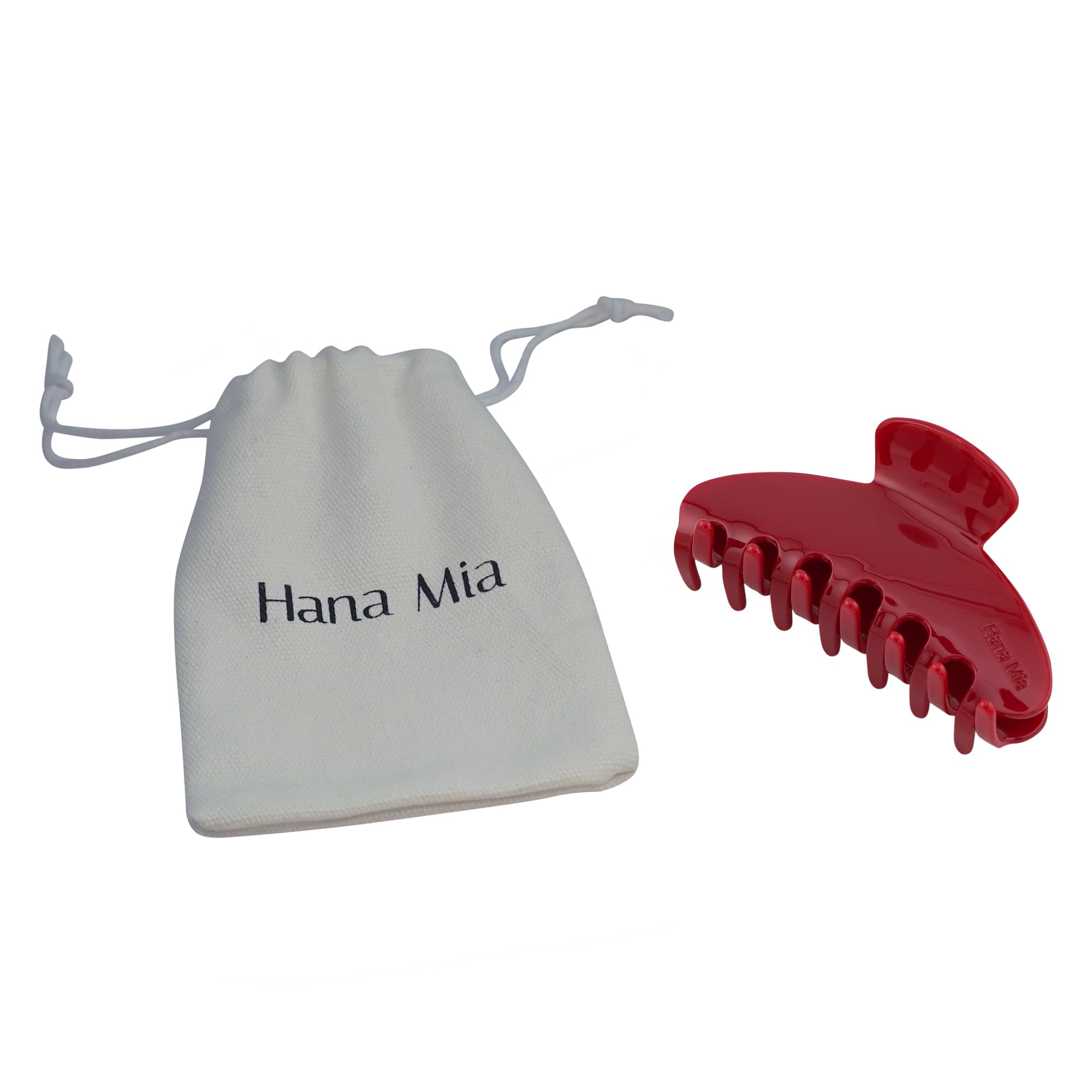 Hana Mia red claw clip 4inch teeth detail highlights non-slip grip.
