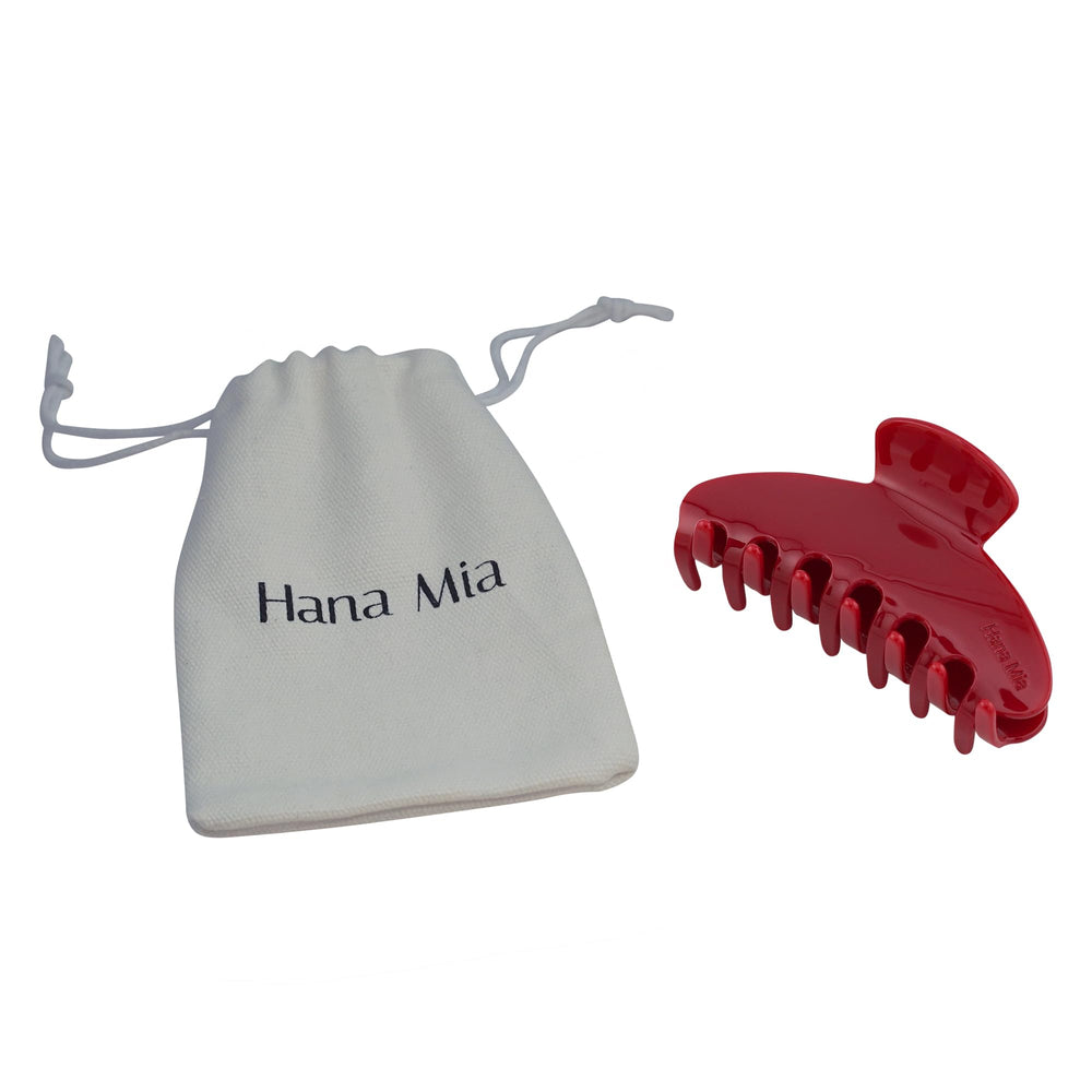 Hana Mia red claw clip 4inch teeth detail highlights non-slip grip.