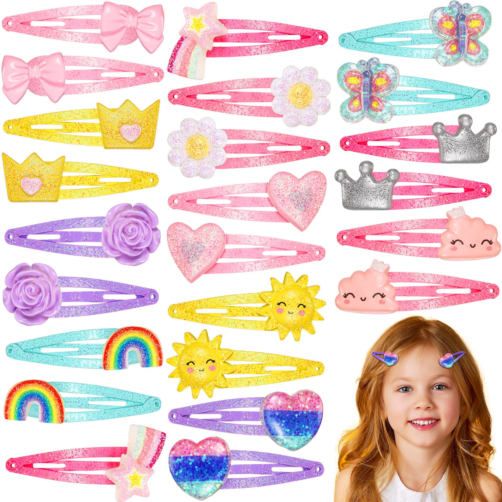 Hanaive Rainbow Unicorn Clips closeup shows glittery metal barrettes for versatile daily styling.