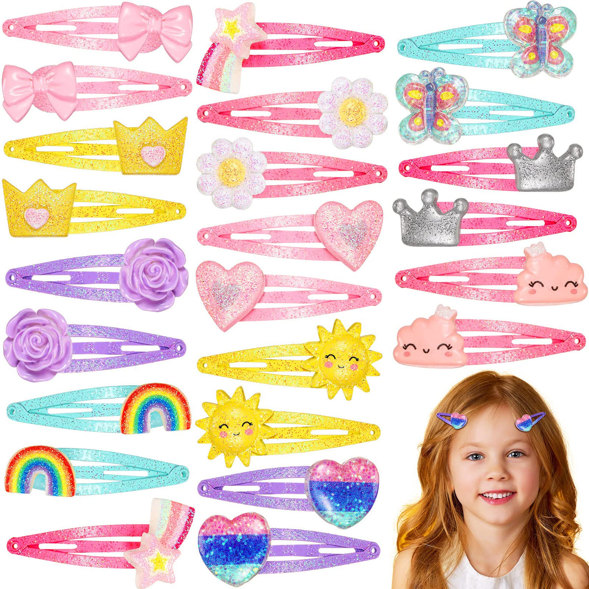 Hanaive Rainbow Unicorn Clips closeup shows glittery metal barrettes for versatile daily styling.