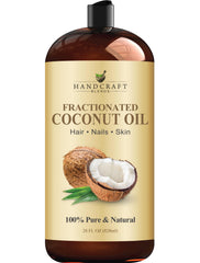 Handcraft Blends fractionated coconut oil bottle demonstrates lightweight, non-greasy skin hydration.