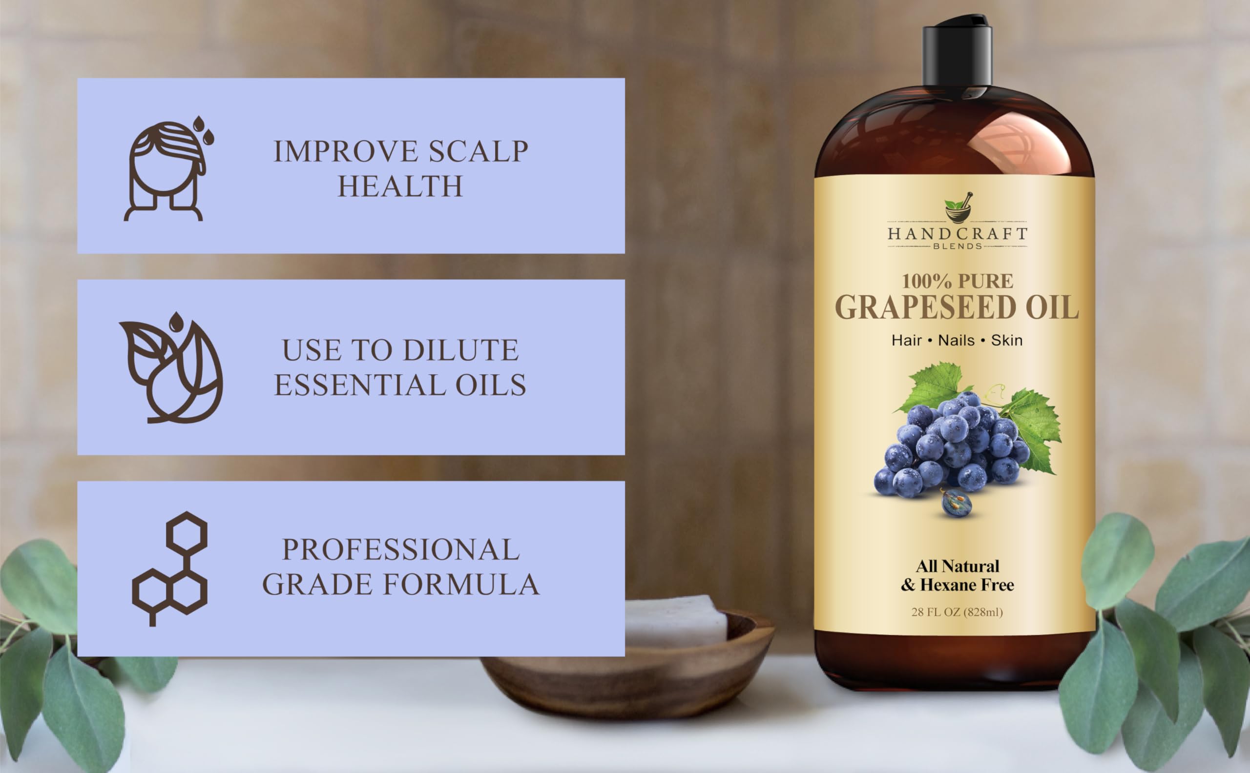 Handcraft Blends grapeseed oil closeup reveals clear golden, lightweight oil