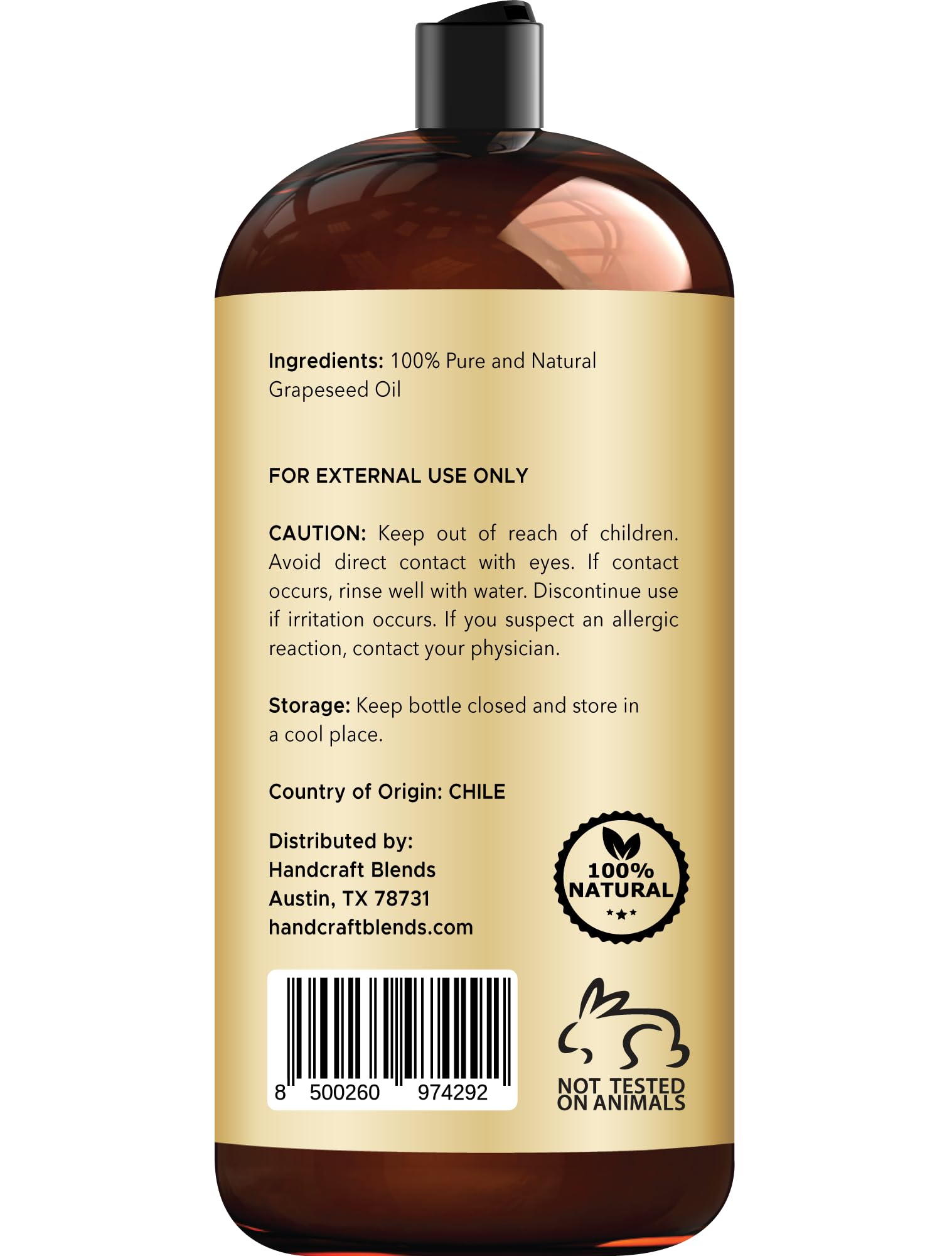 Handcraft Blends grapeseed oil hexane-free label highlights pure formula