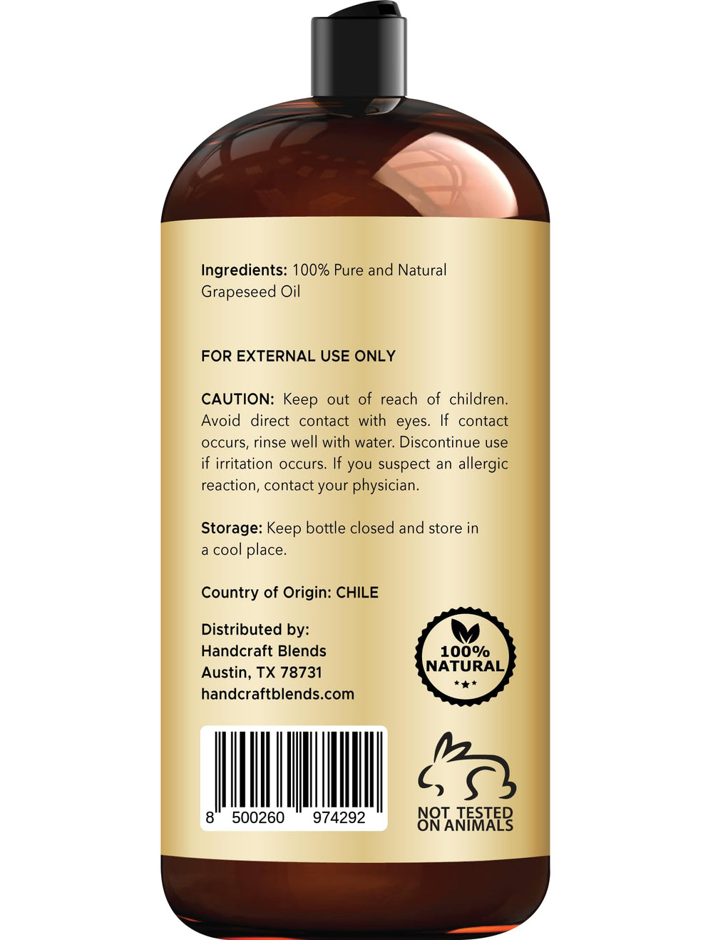 Handcraft Blends grapeseed oil hexane-free label highlights pure formula
