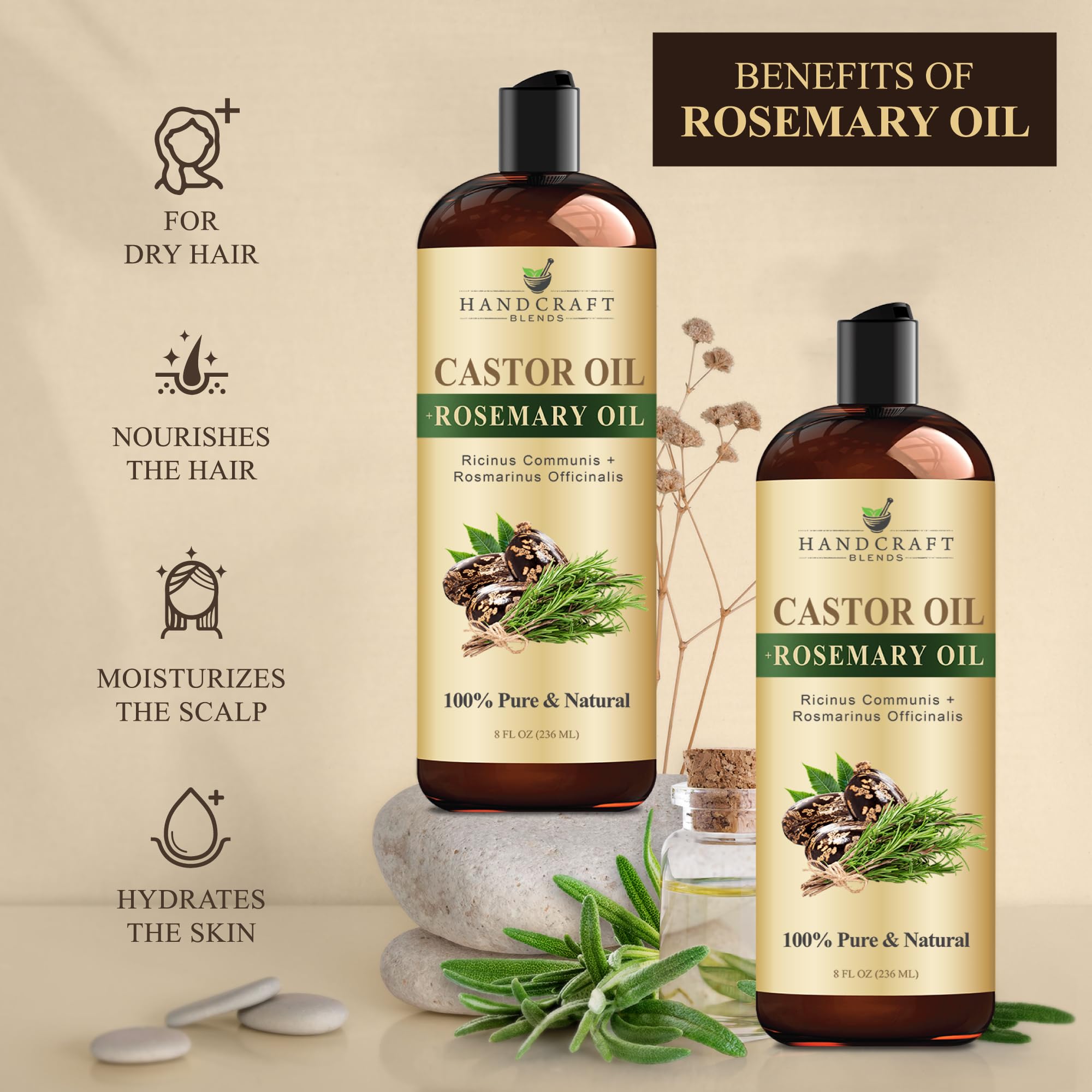 Handcraft Blends rosemary sprigs with bottle showing natural ingredient benefit