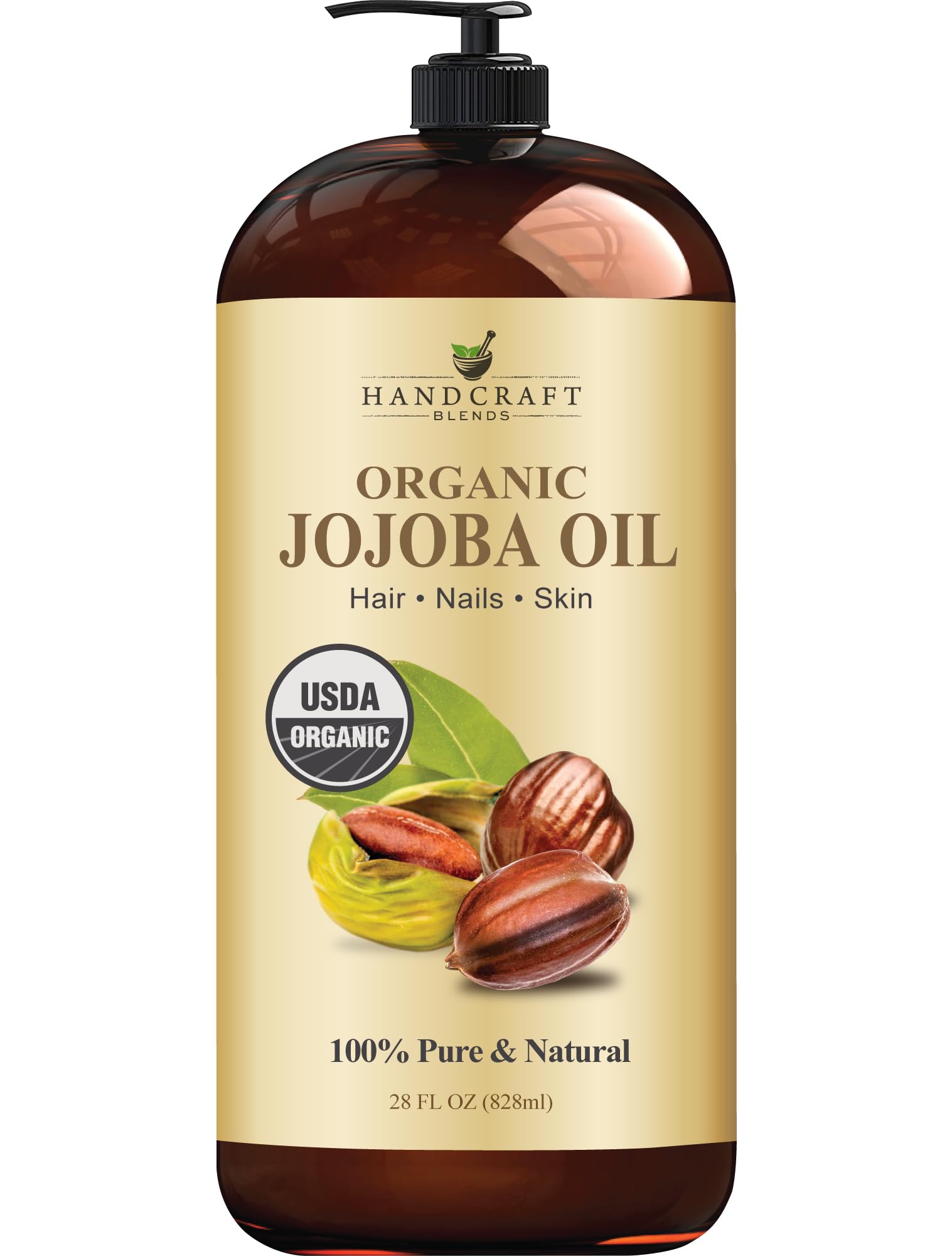 Handcraft Blends Jojoba Oil bottle demonstrates pure organic formula for skin and hair nourishment.
