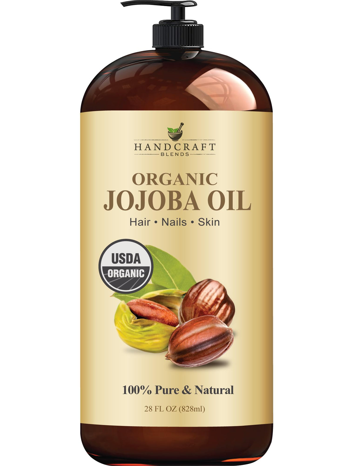 Handcraft Blends Jojoba Oil bottle demonstrates pure organic formula for skin and hair nourishment.