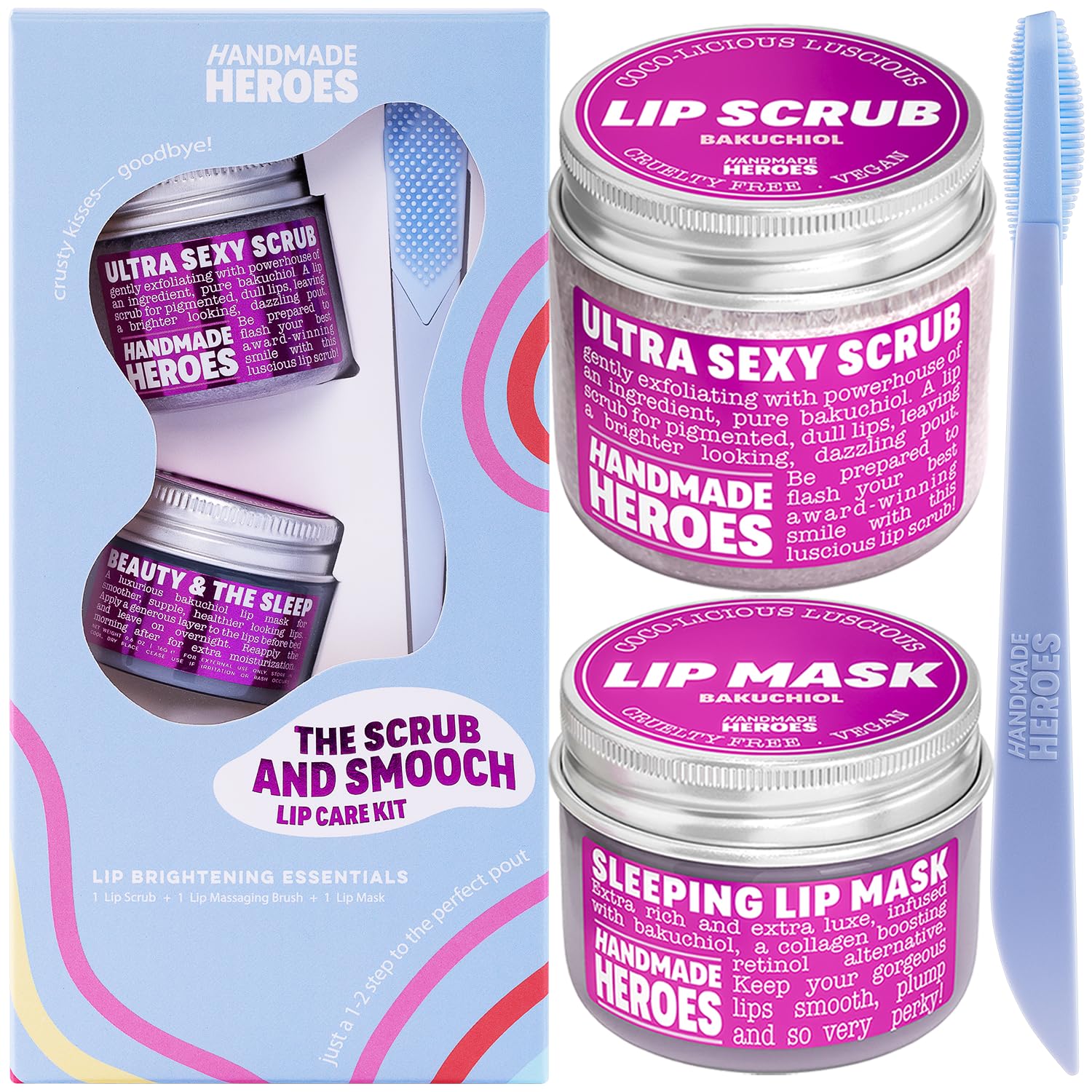 Handmade Heroes bakuchiol lip scrub jar for gentle exfoliation of dry lips