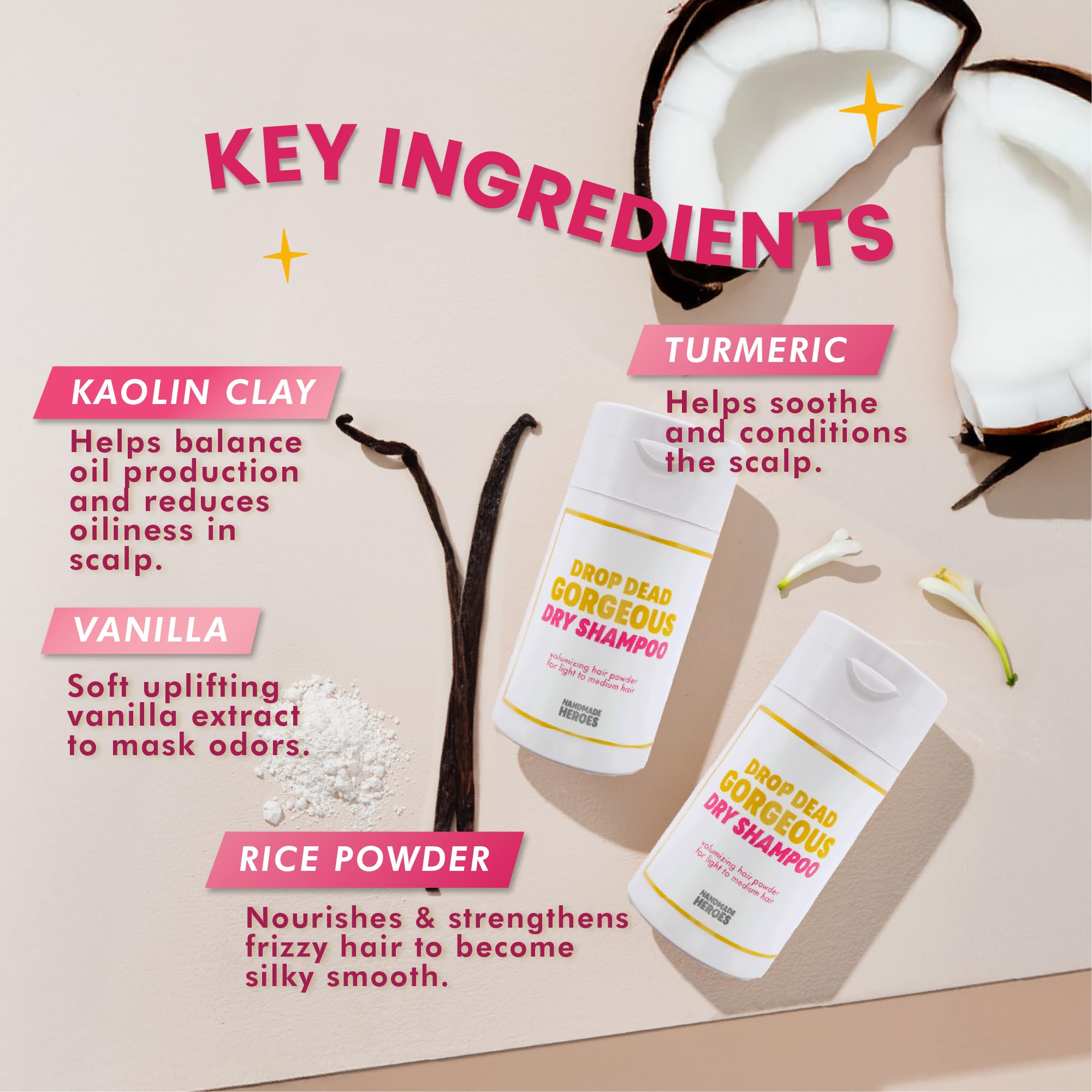 Handmade Heroes vanilla-scented dry shampoo hints at fresh daily routine.