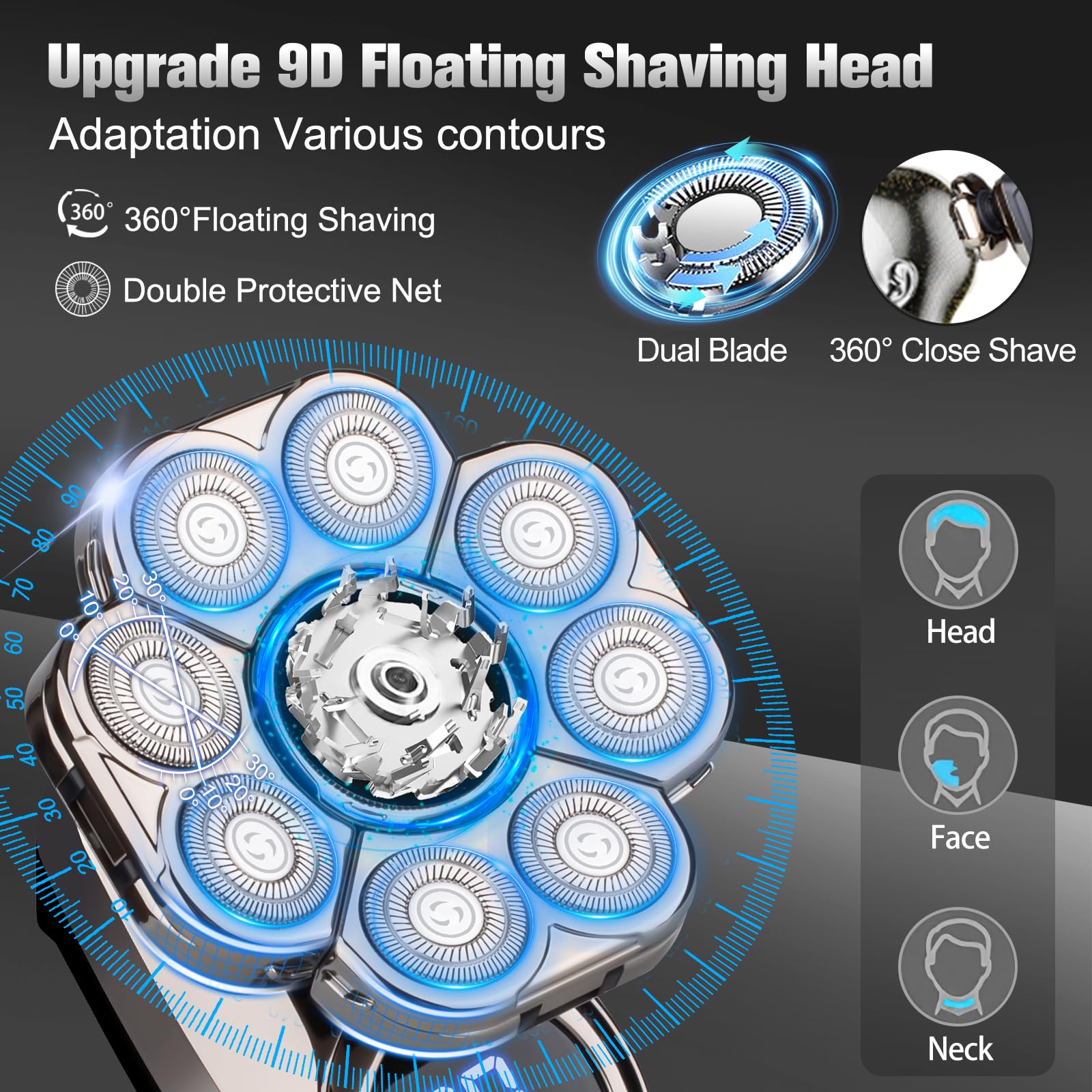 Handsomemen bald head shaver close-up showing 5-in-1 kit in action.