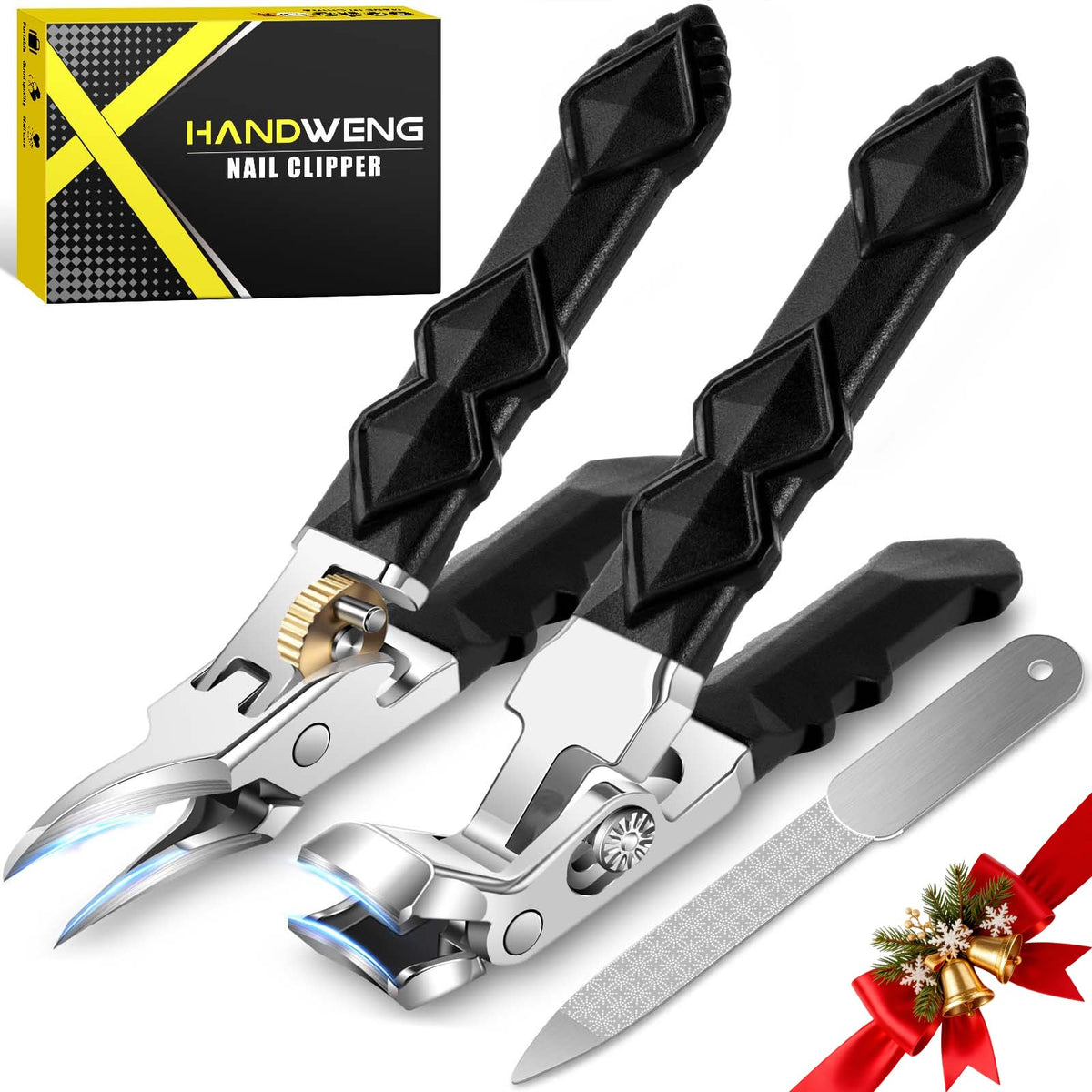 HANDWENG angled-head toenail clippers provide precise trimming for thick nails.
