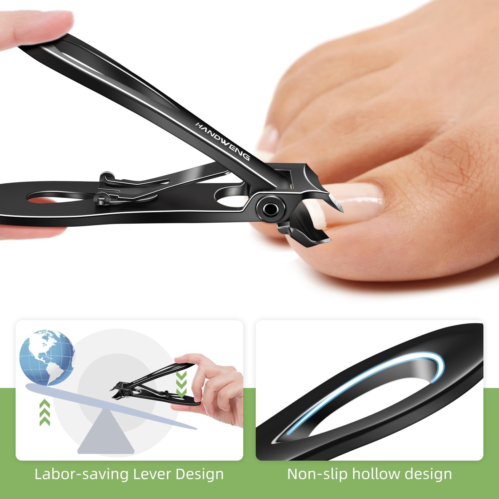 HANDWENG slanted nail clippers featuring magnetic safety lock for secure storage.