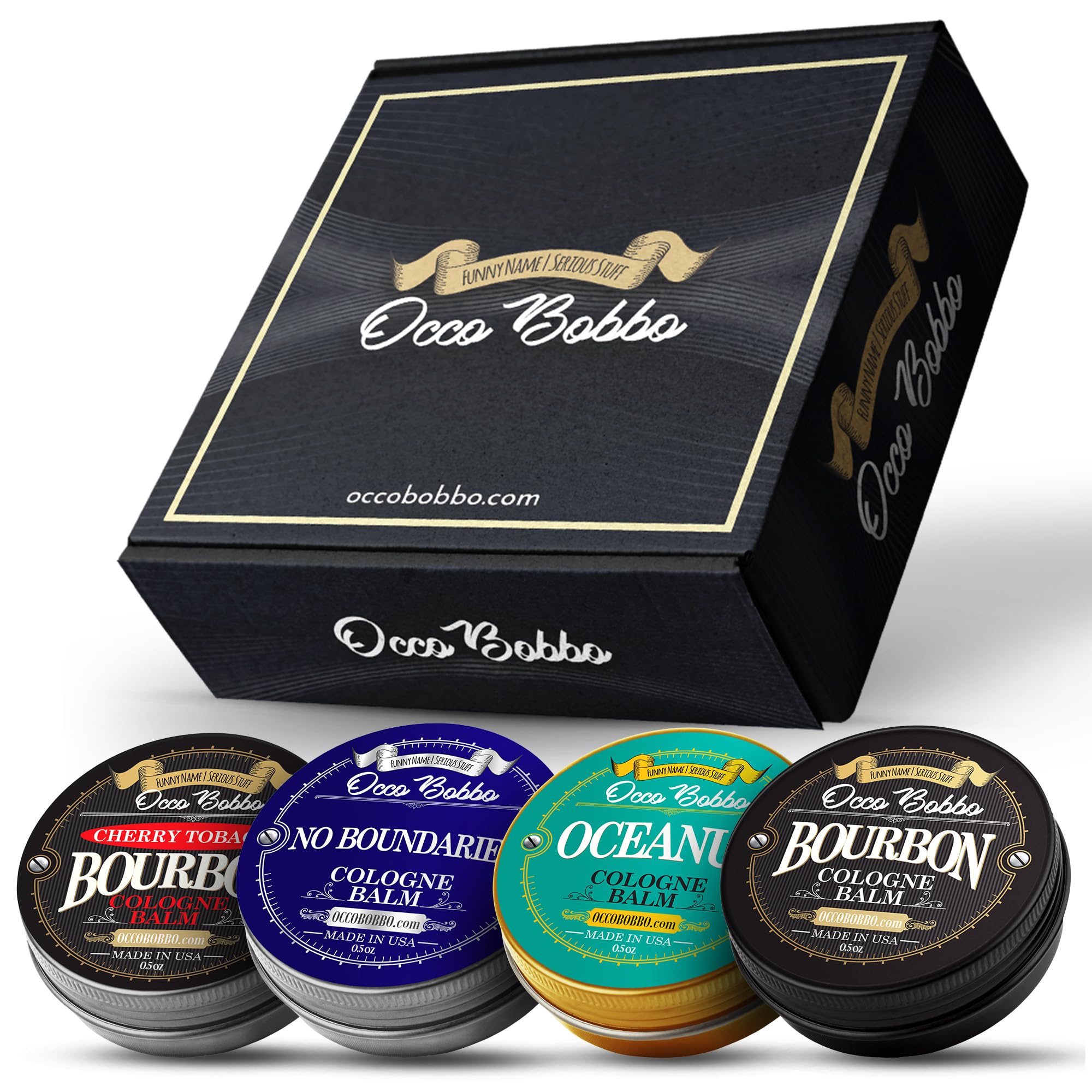 Handy Hound Occo Bobbo sampler set tins front view highlighting travel-friendly fragrance variety.