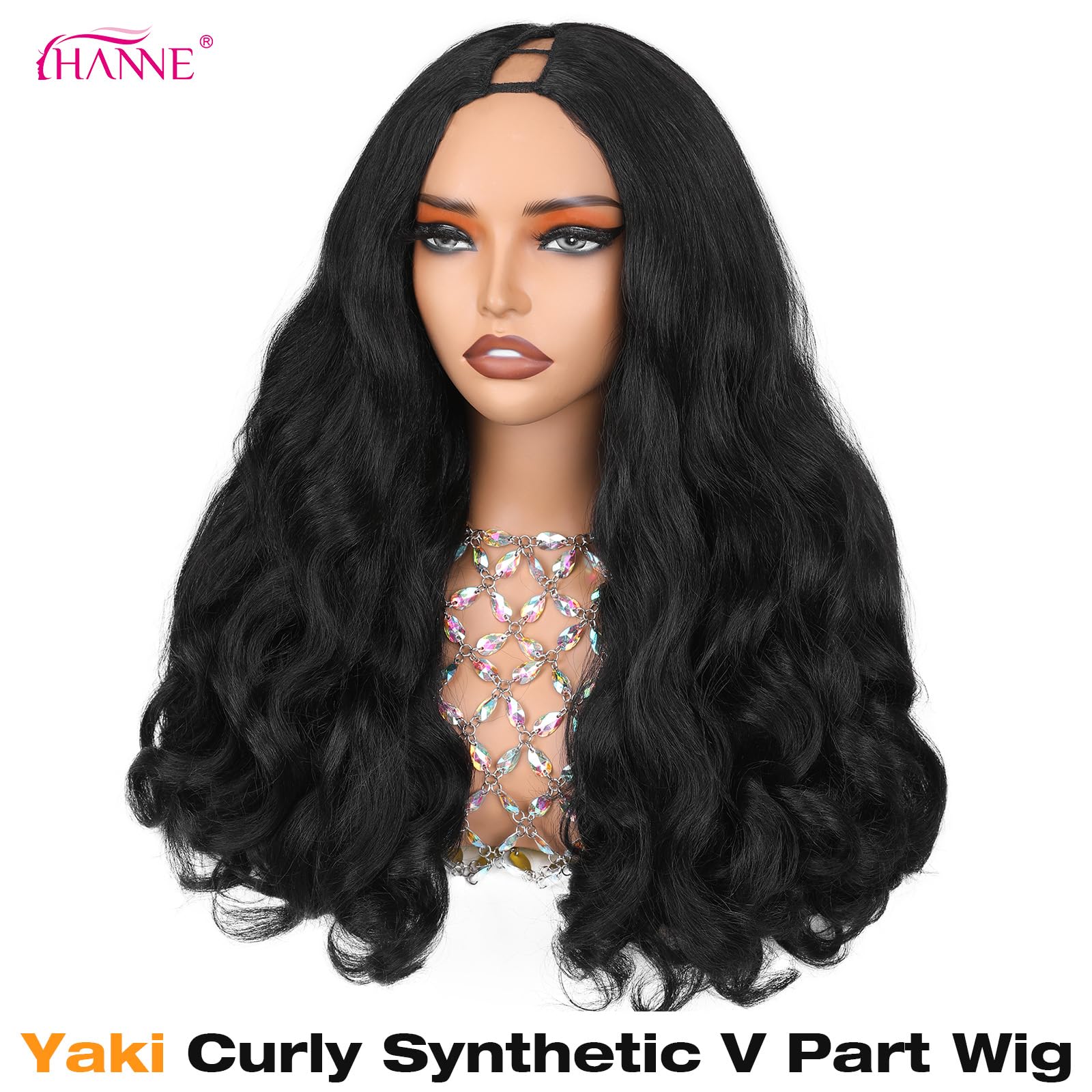 HANNE Yaki Curly V Part Wig side view reveals seamless blend and added volume.