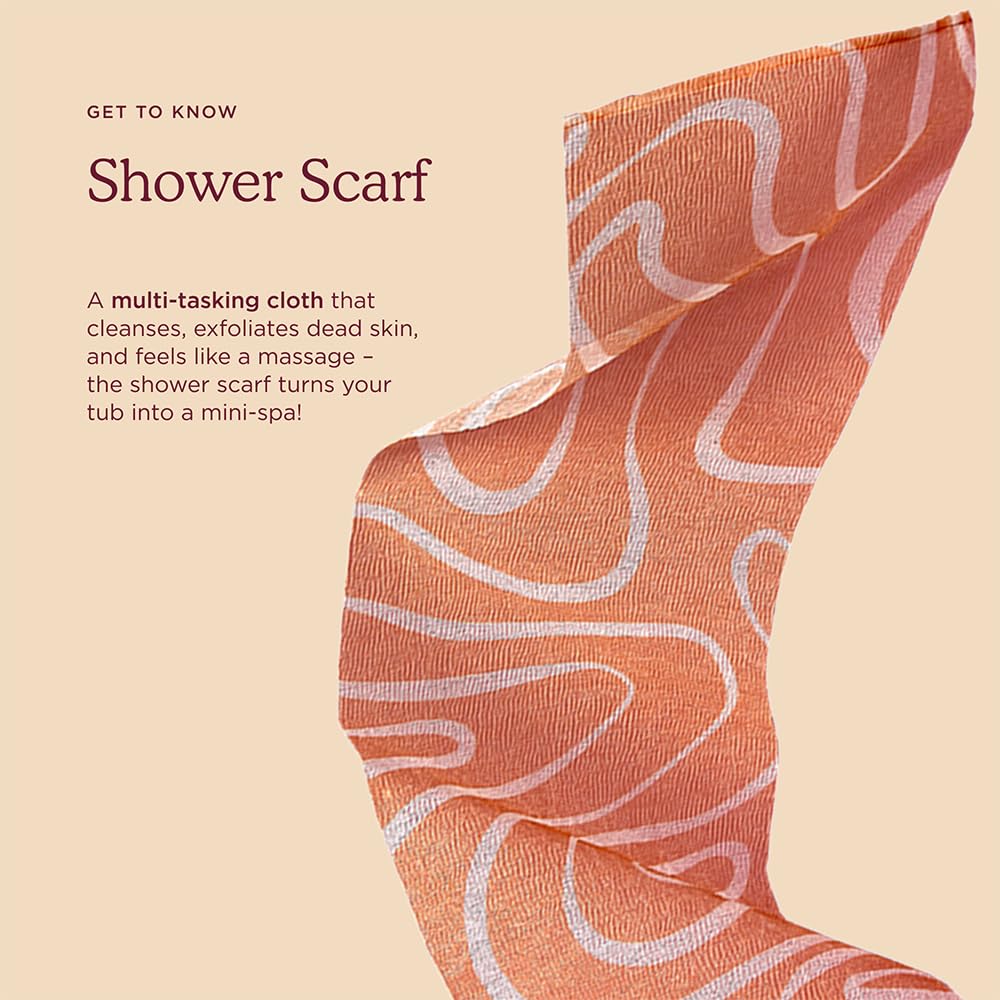 HANNI shower scarf with soap lather for multi-step cleansing.