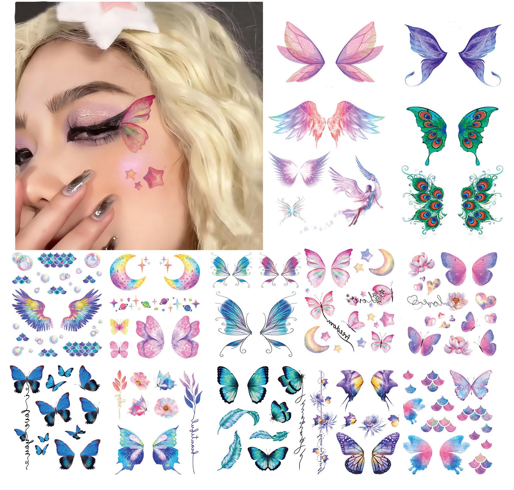 HANSAMU 14-sheets glitter butterfly tattoos pack for versatile party decoration and DIY body art
