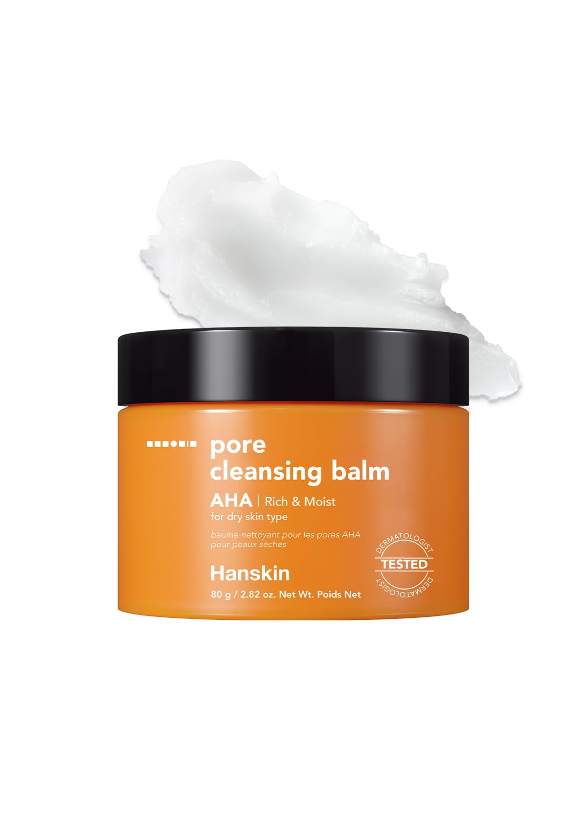 Hanskin AHA Pore Cleansing Balm jar shows solid-to-oil texture for gentle makeup removal