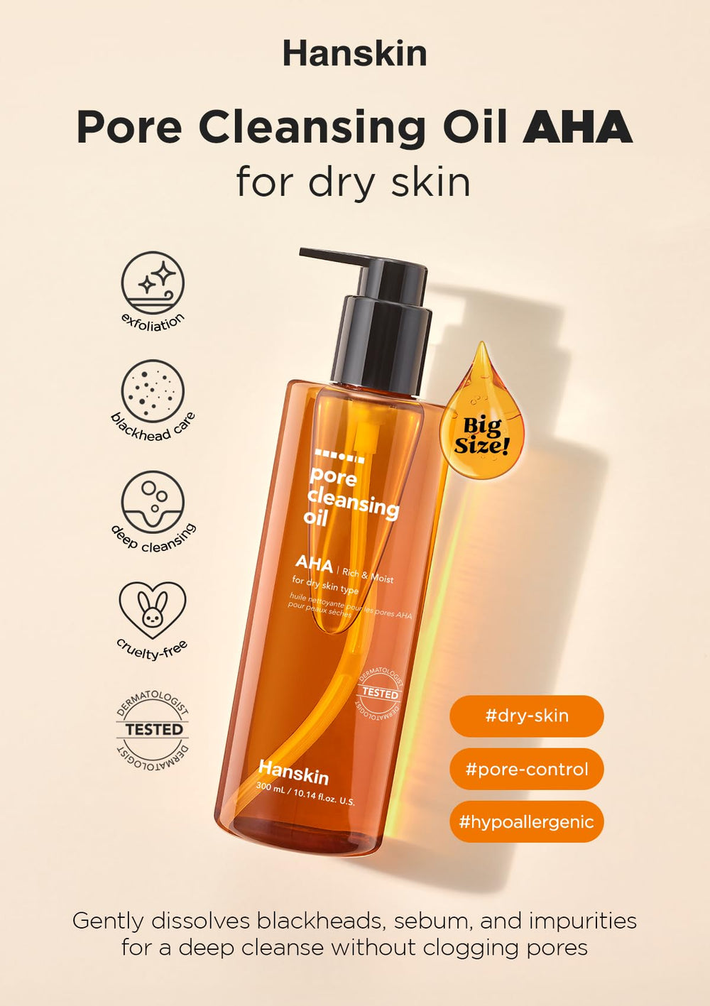 Hanskin AHA Pore Cleansing Oil removes waterproof makeup gently around eyes.