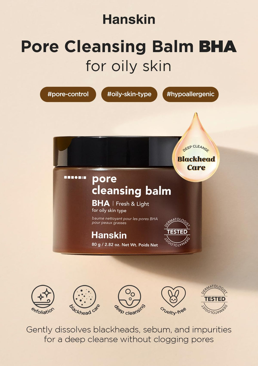Hanskin BHA Pore Cleansing Balm melt texture highlights solid-to-oil transition for gentle makeup removal.