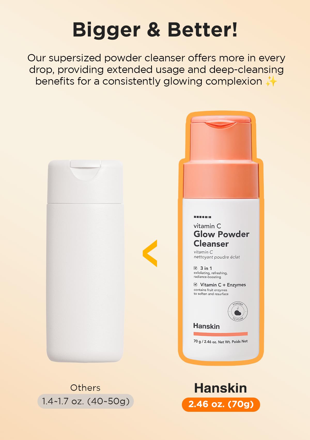 Hanskin Vitamin C Glow Powder Cleanser label notes fragrance-free dermatologist-tested formula.