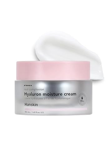 Hanskin Hyaluron Moisture Cream close-up jar showing dewy finish for dry skin hydration