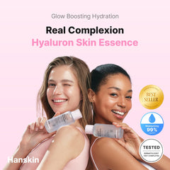 Hanskin Hyaluron Skin Essence Toner bottle pour closeup highlights lightweight moisture.
