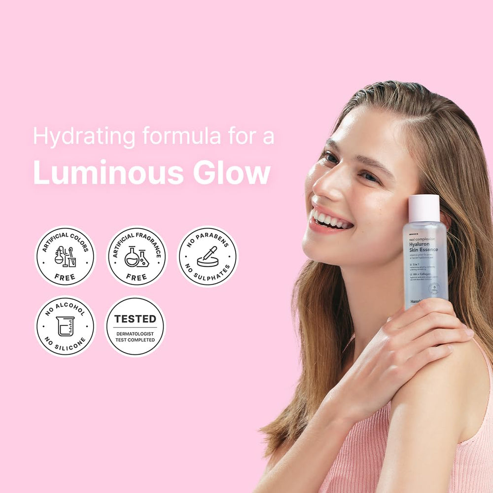 Hanskin Hyaluron Skin Essence Toner swatches reveal dewy finish potential.