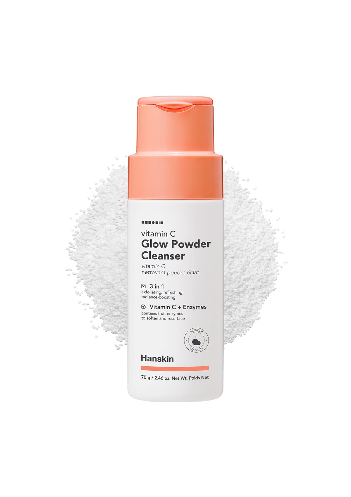 Hanskin Vitamin C Glow Powder Cleanser bottle for daily brightening and gentle cleansing.