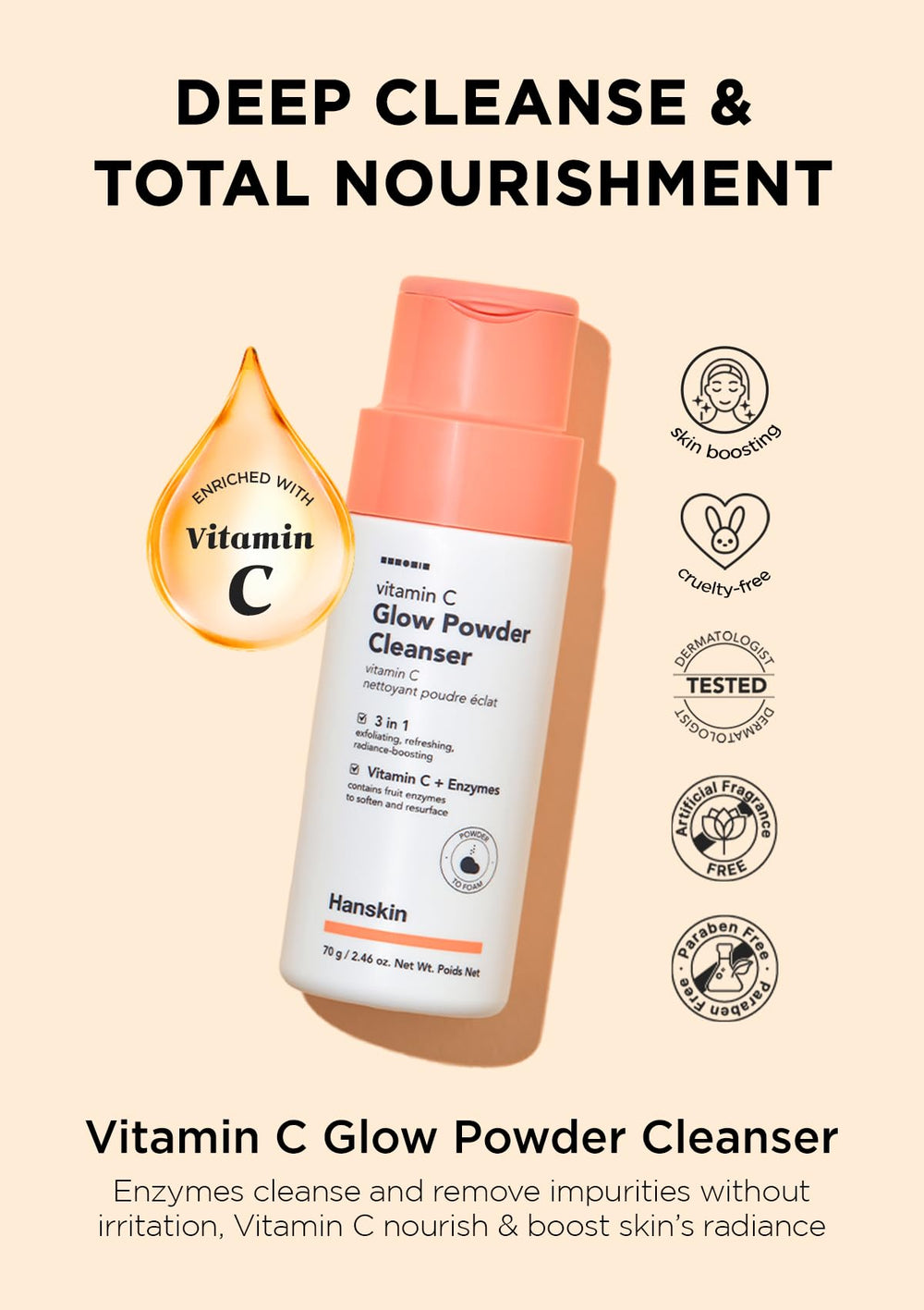 Hanskin Vitamin C Glow Powder Cleanser foam shows cushiony lather and hydrating cleanse.