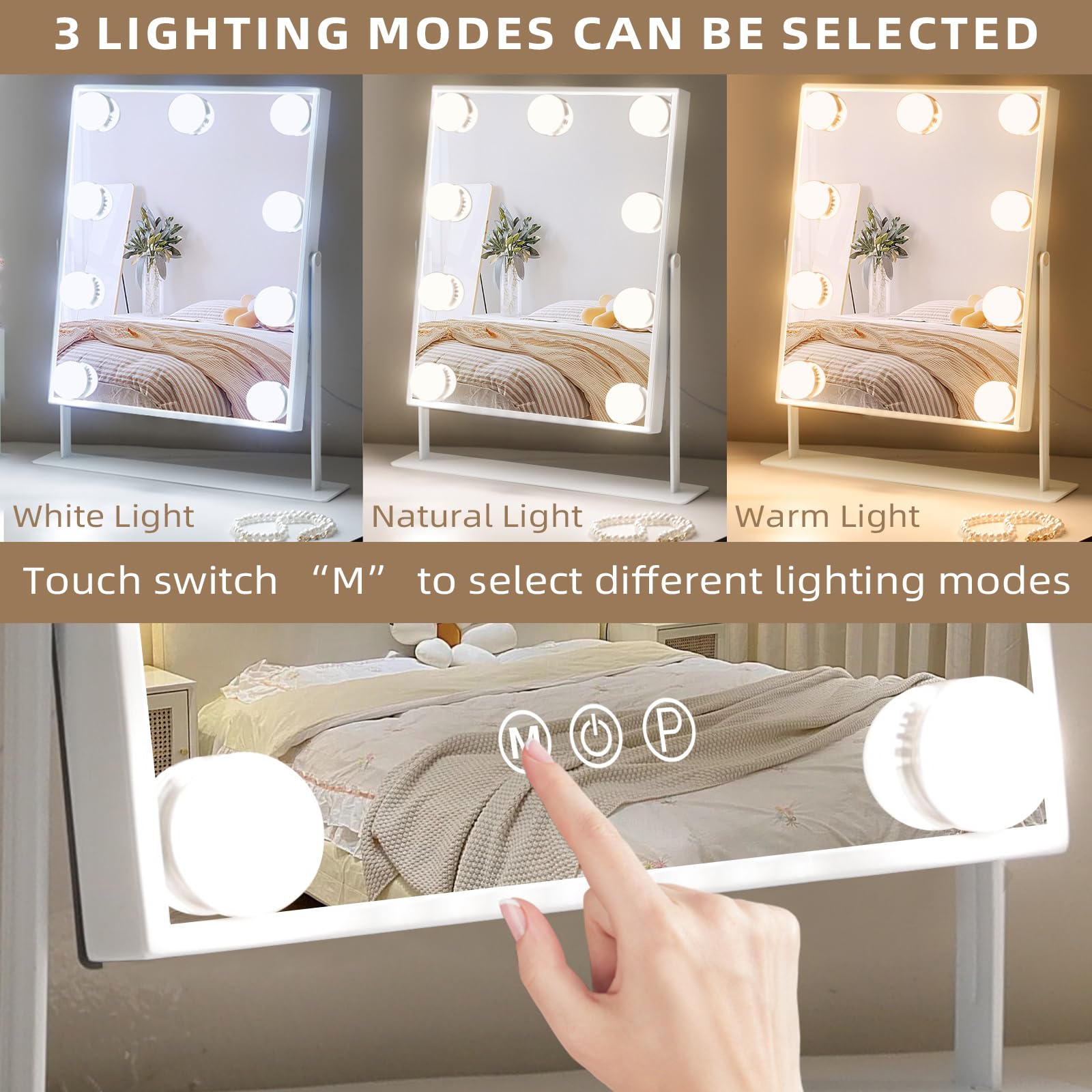Hansong vanity mirror with 10x magnifying mirror for precise makeup detail.