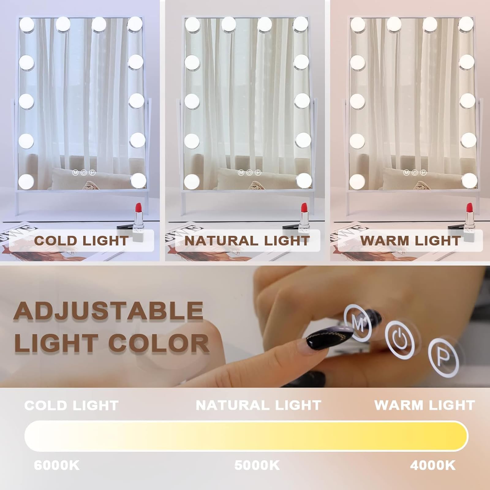 Hansong vanity mirror showing 3 color lighting modes for accurate skin tones