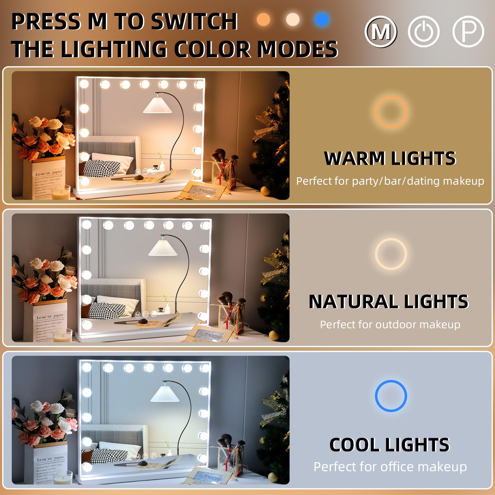 Hansong vanity mirror offers 3 color modes for customized lighting.