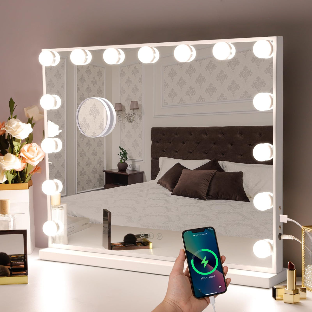 Hansong vanity mirror with 15 LED bulbs provides even makeup lighting.