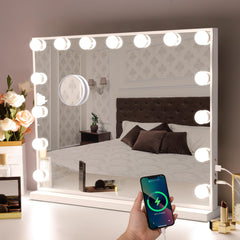 Hansong vanity mirror with 15 LED bulbs provides even makeup lighting.