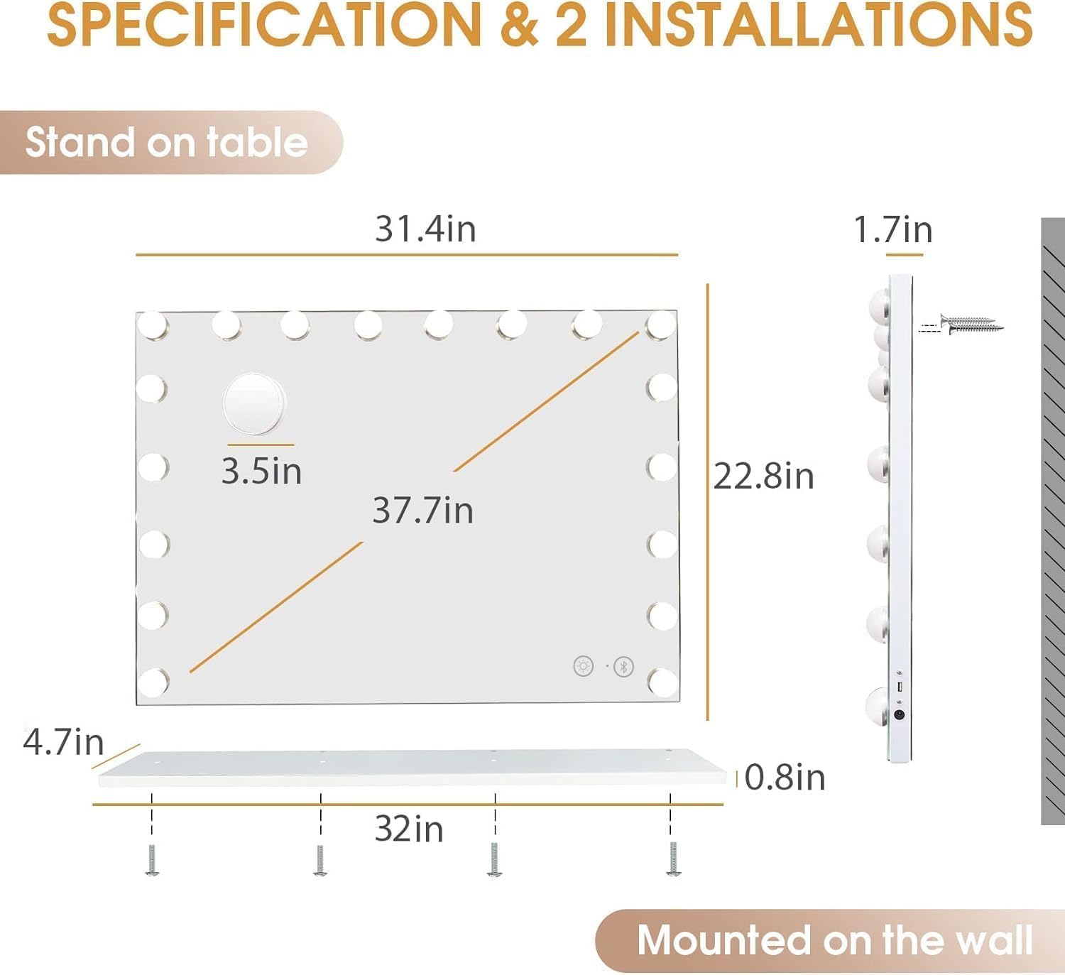 Hansong vanity mirror close-up with 18 LEDs for shadow-free makeup