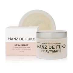 Hanz de Fuko Heavymade bottle closeup showing premium water-based hold for versatile styling