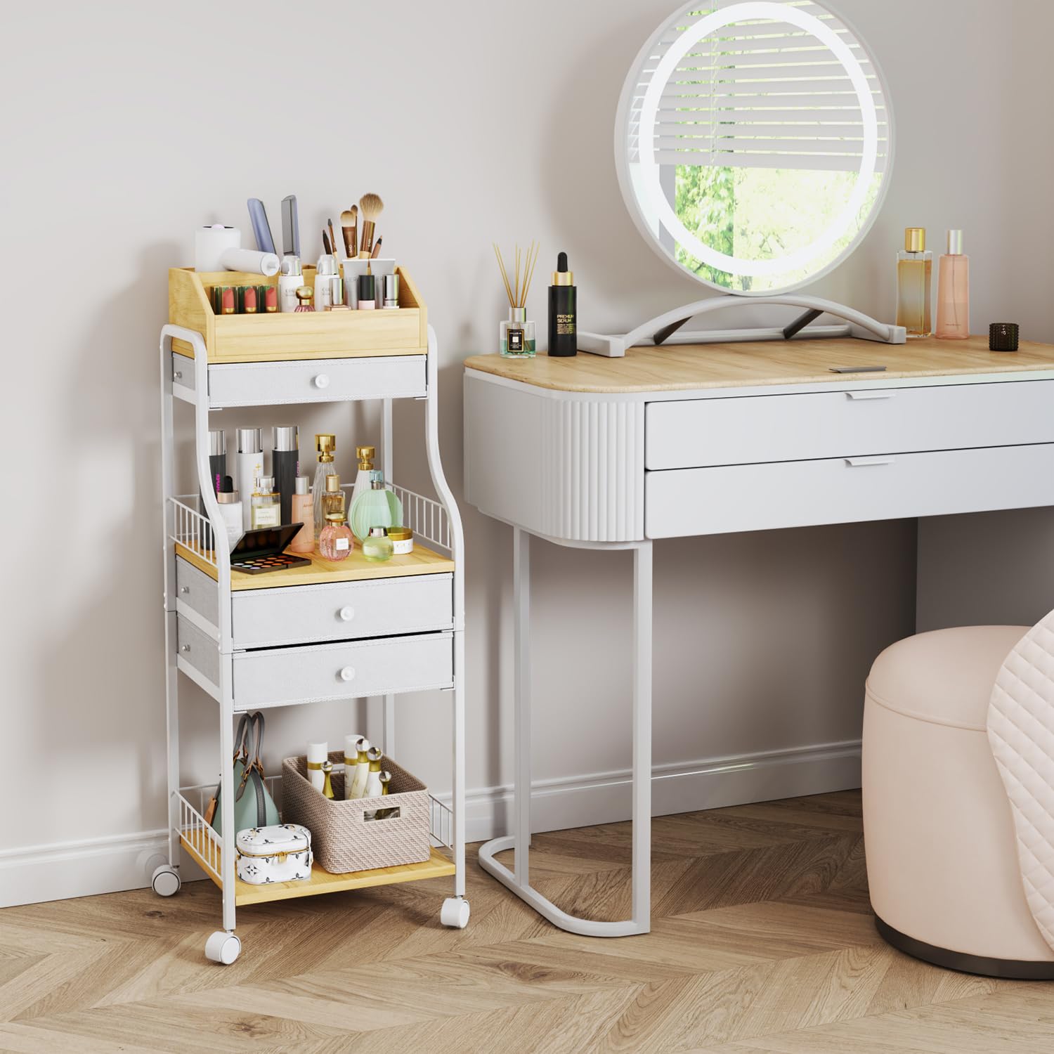 HapiRm Floor Makeup Organizer drawers store creams and palettes with organized space.