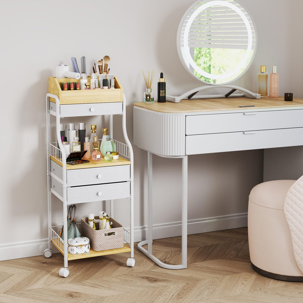 HapiRm Floor Makeup Organizer drawers store creams and palettes with organized space.