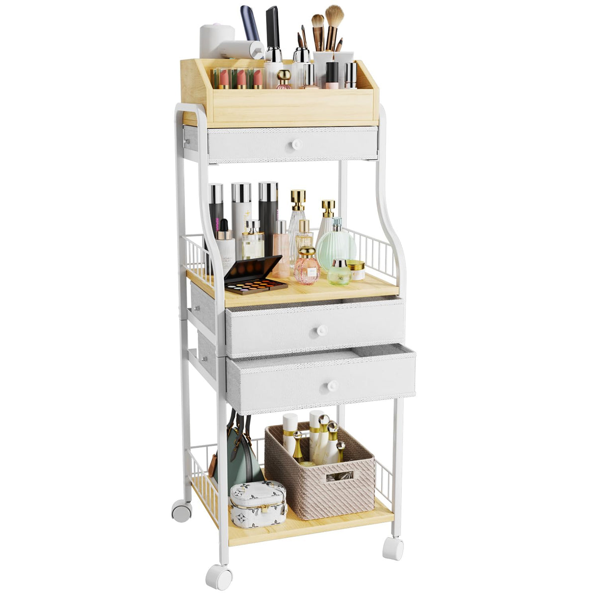 HapiRm Floor Makeup Organizer top compartments provide quick access for brushes and lipsticks.