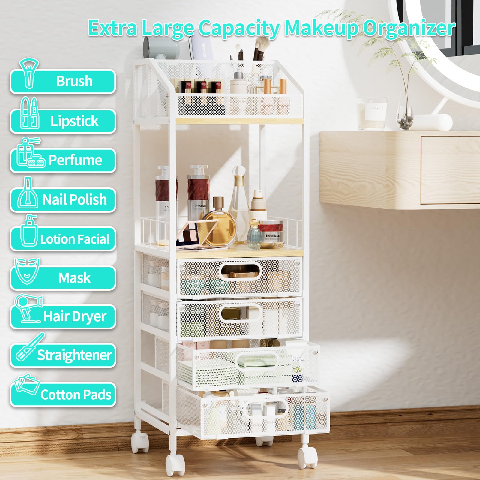 HapiRm makeup organizer brake switch locks wheels during styling.