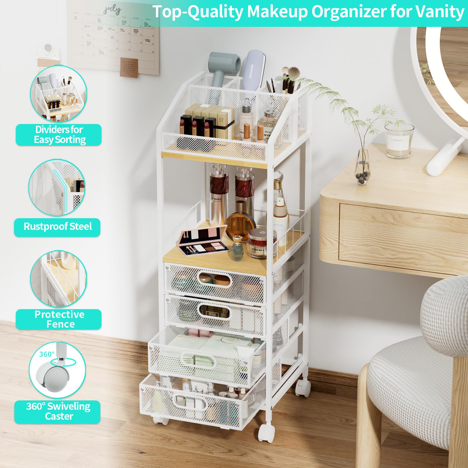 HapiRm makeup organizer foot pads provide stationary setup when wheels aren’t needed.