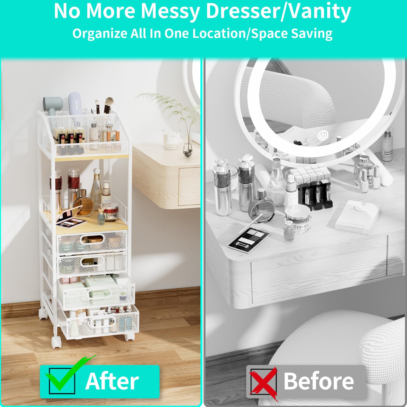 HapiRm makeup organizer mesh drawers offer quick visibility of cosmetics.