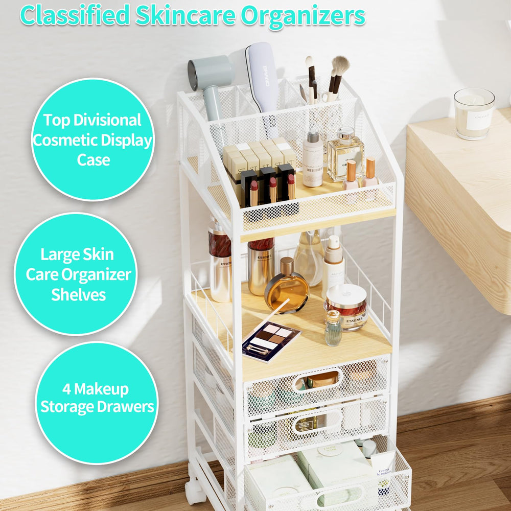 HapiRm makeup organizer rolling wheels enable easy transport or repositioning.