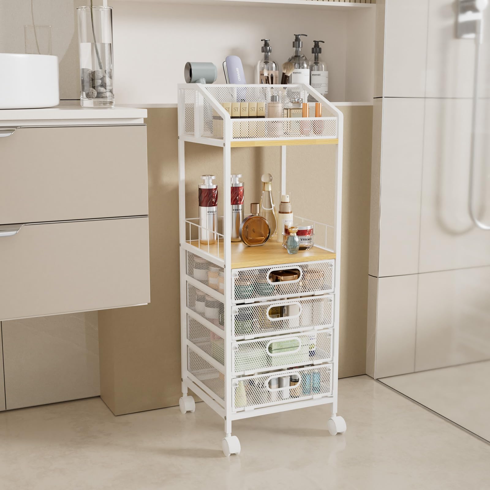 HapiRm makeup organizer rust-resistant finish withstands bathroom humidity.