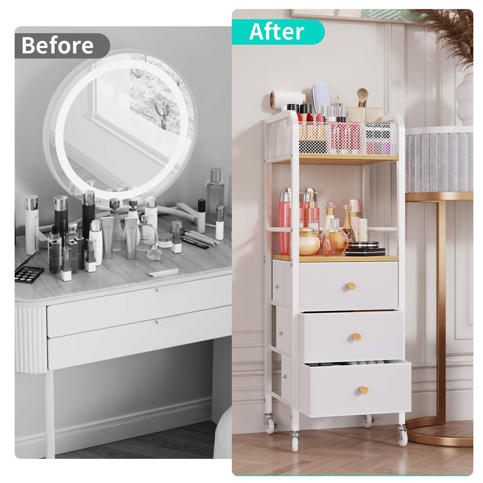 HapiRm rolling makeup cart 360° casters glide smoothly for flexible setups.