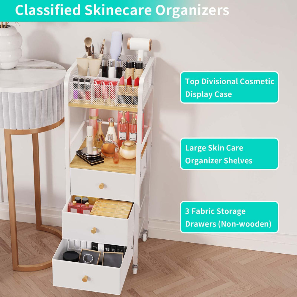 HapiRm rolling makeup cart brakes lock for stable placement.
