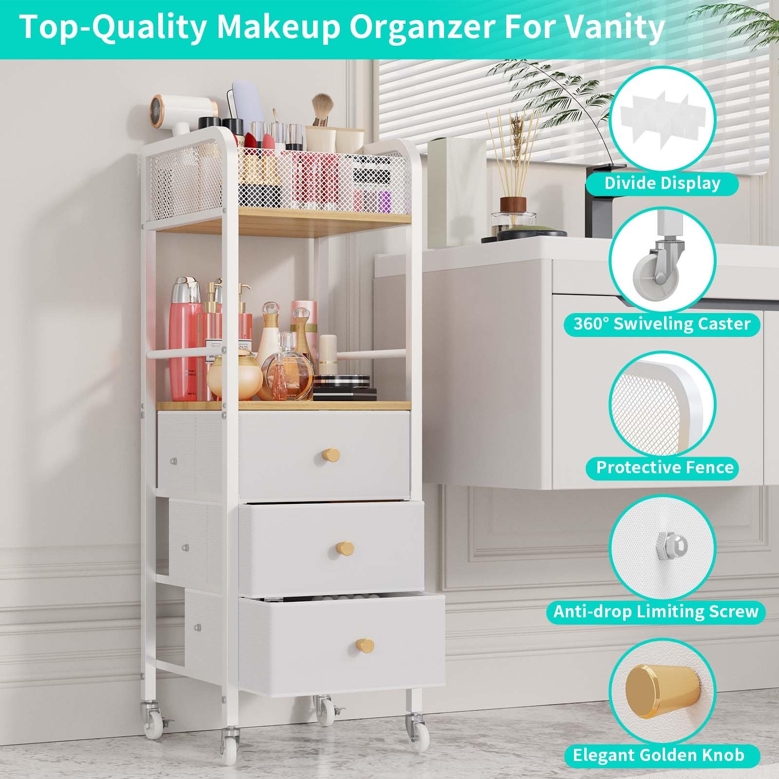 HapiRm rolling makeup cart durable materials resist moisture and wear.