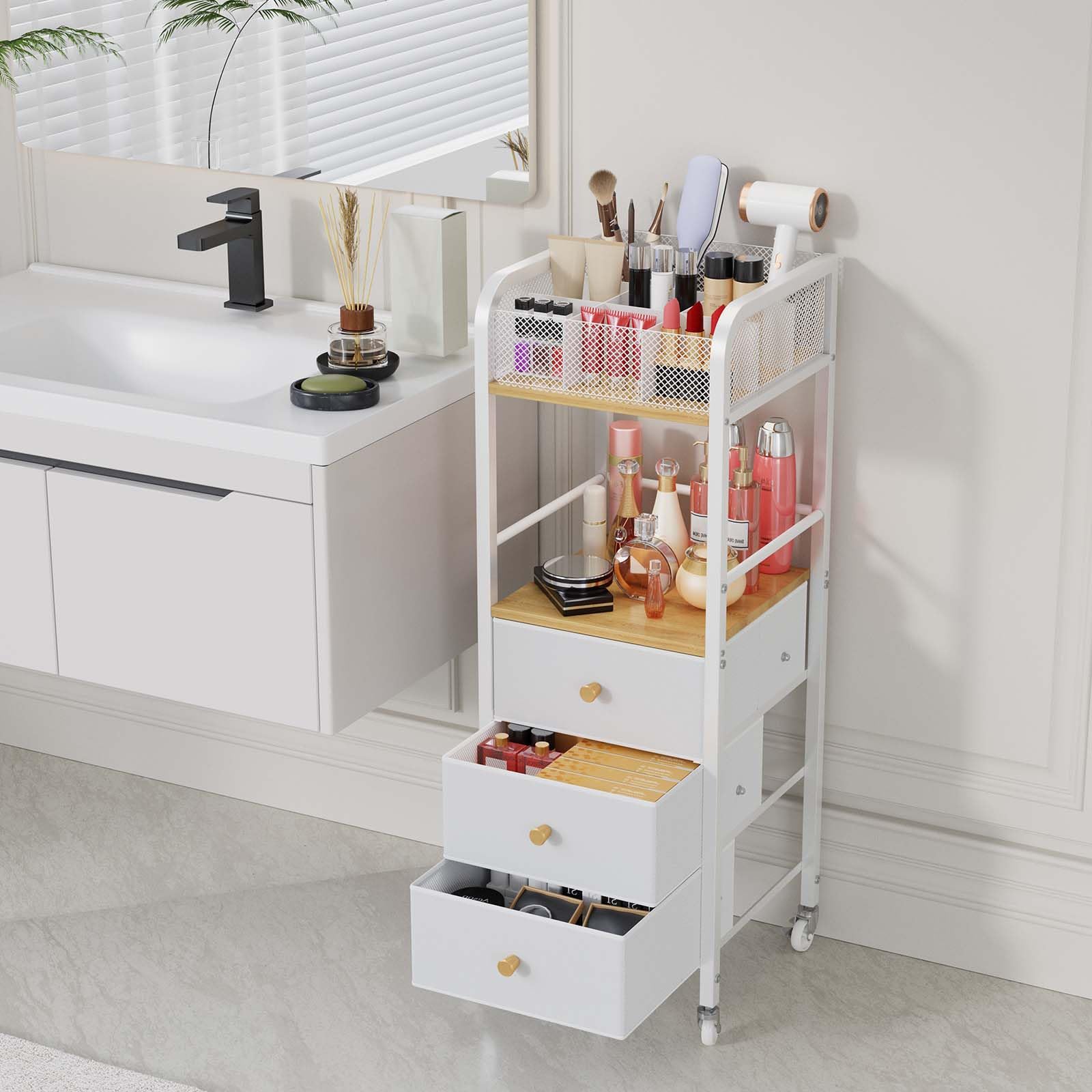 HapiRm rolling makeup cart middle shelf holds full-size cleansers for quick routines.
