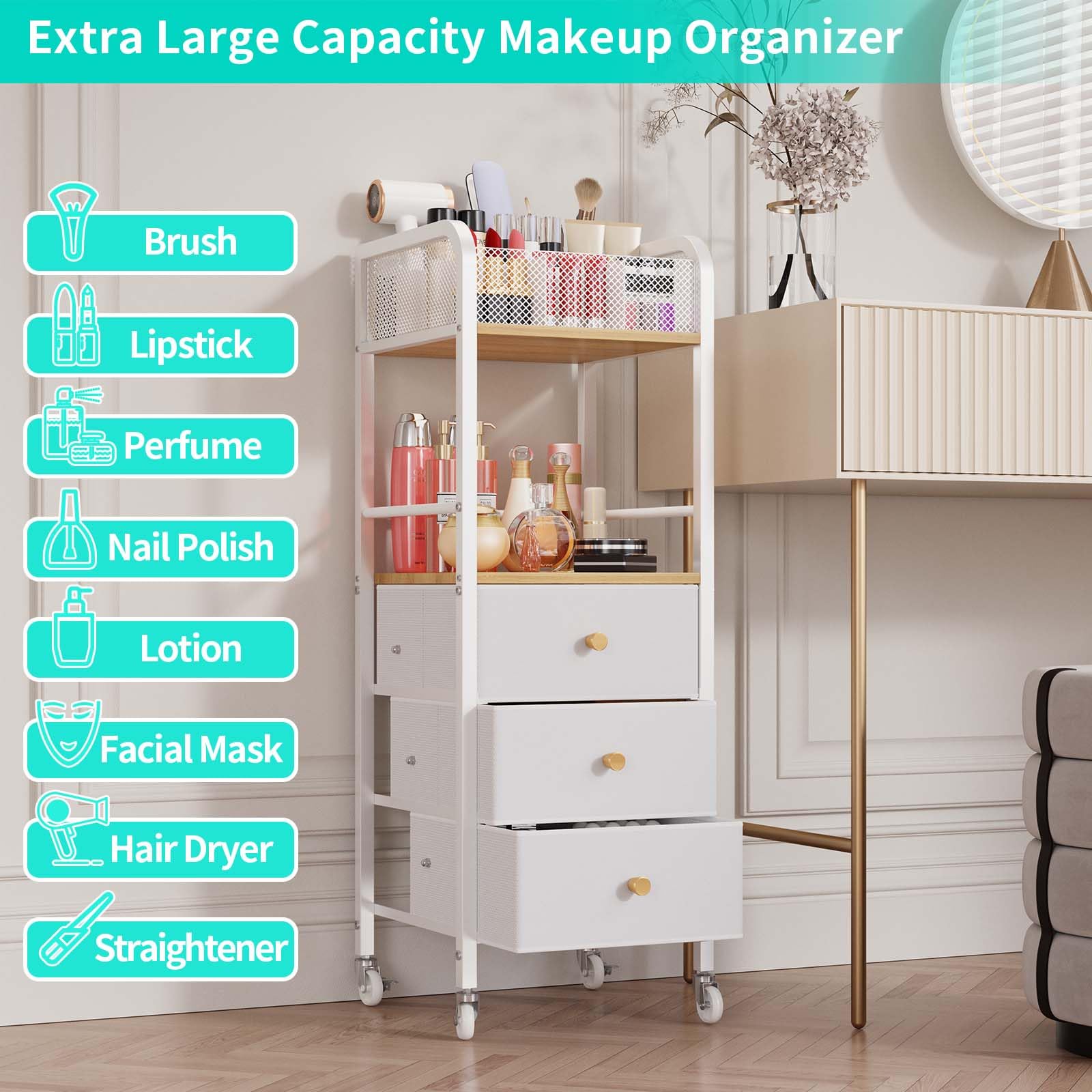 HapiRm rolling makeup cart sleek white and natural wood finish fits vanity.